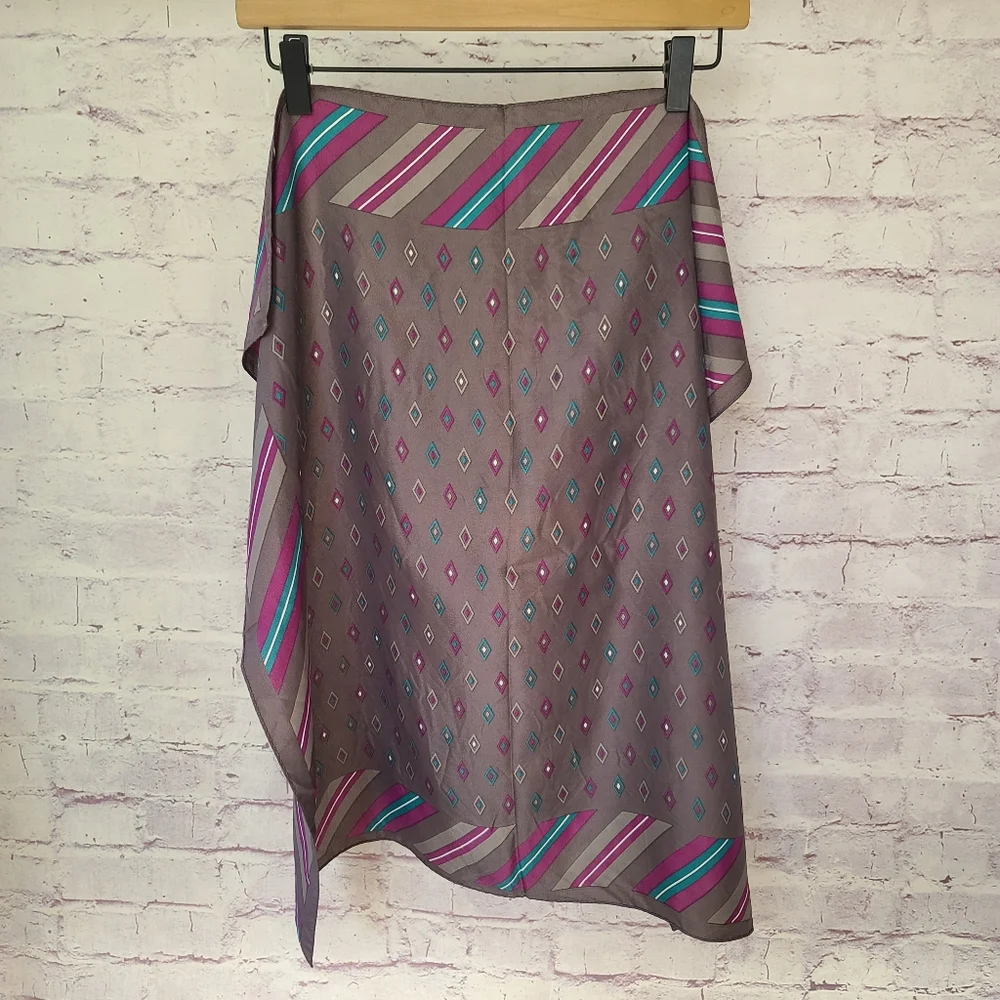 Vintage Square Scarf Grey with Teal and Purple Diamonds and Stripes Print 26x26